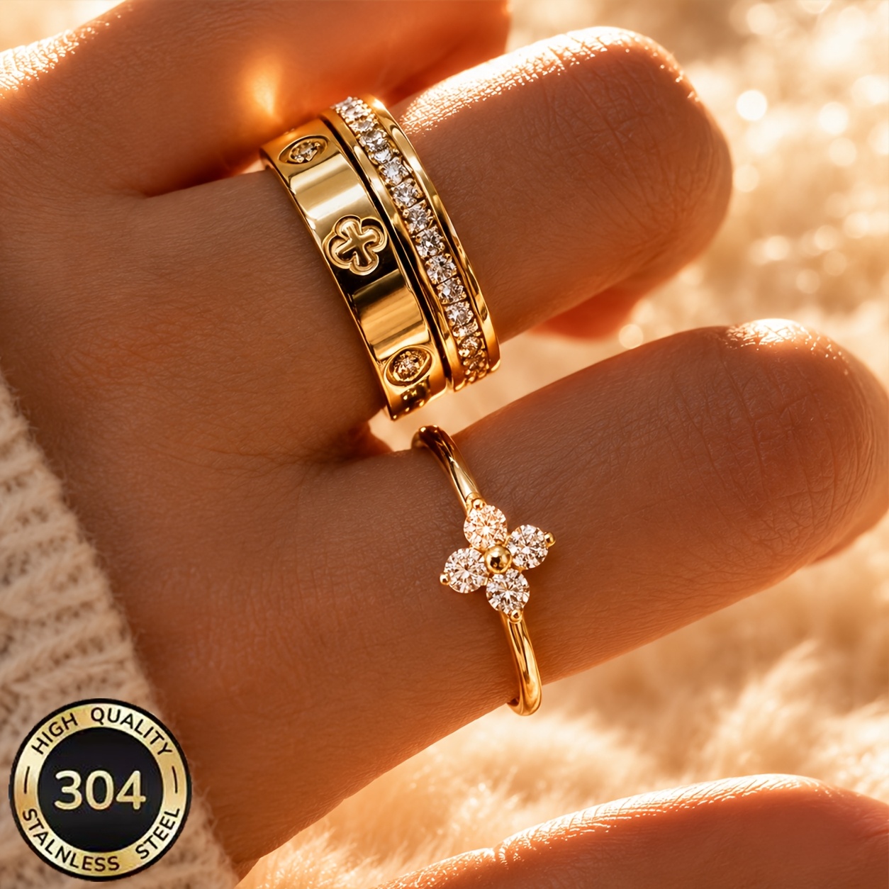 Set of 3 Women's 18K Gold-Plated Rings — Stackable Gift Set